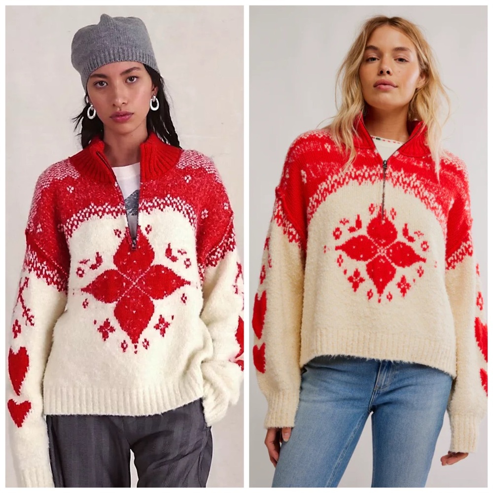 Free People Mythical Knit Sweater Red Cream Snowflake‎ XS
